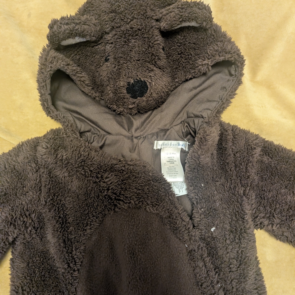 PBK Brown Bear Hooded Baby Onesie 12-18mo Pottery Barn Kids